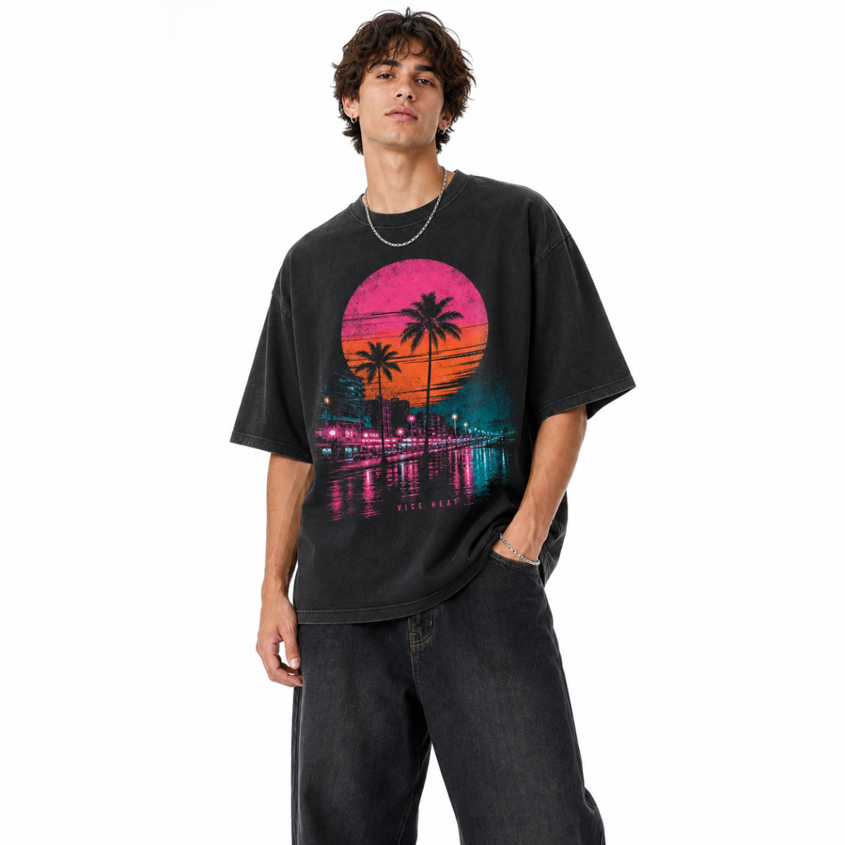 Vice Heat model wearing graphic T-shirt on white background